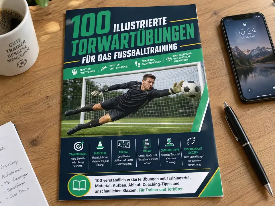Gedruckte Übungsseiten im A4-Format für Torhüter auf einem Tisch neben einem Smartphone