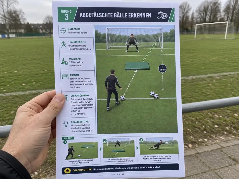 Eine Hand hält ein A4-Übungsblatt für Torhüter